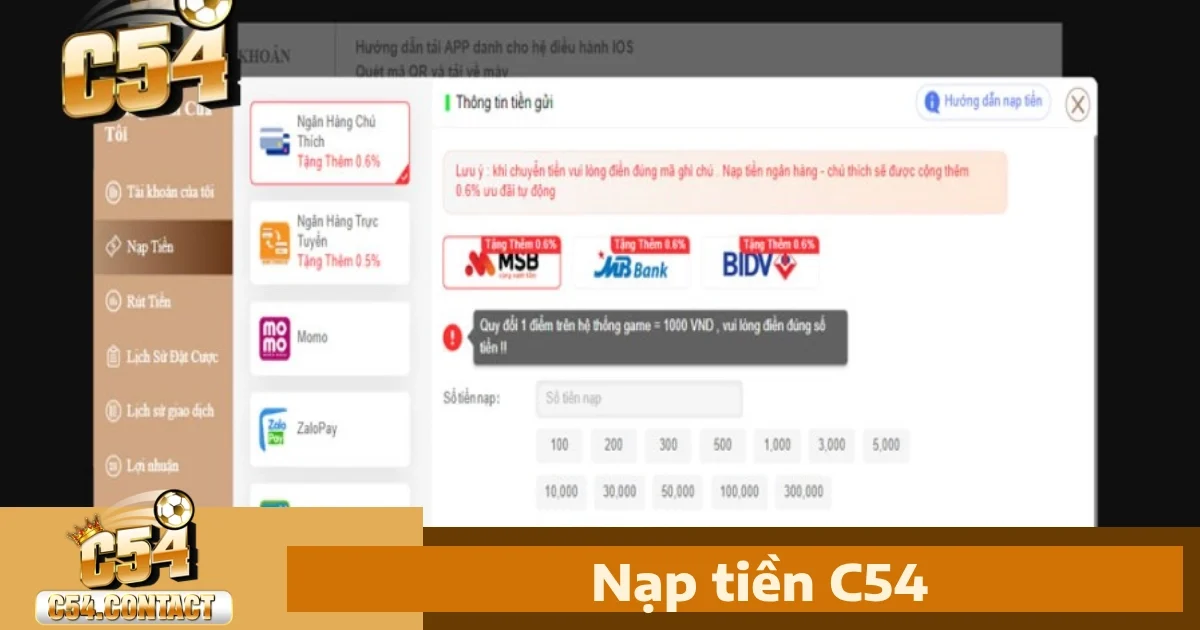 Các phương thức nạp tiền C54 được hỗ trợ